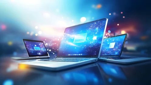 Luminous laptops with glowing data screens on blue network.