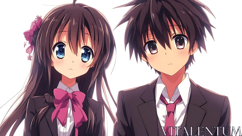 Anime students gaze forward in soft uniform portrait.