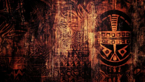 Rustic tribal mask mural glowing on weathered timber.
