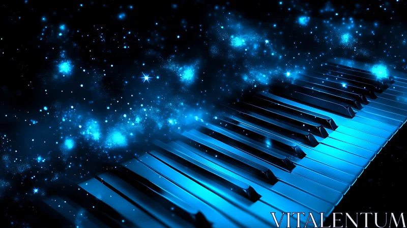Starbound piano keys drifting through a glowing cosmic sonata.