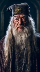 Elderly wizard in ornate hat stares forward in dim hall