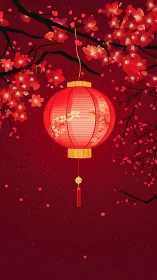 Red lantern glows among cherry blossoms on deep crimson sky.