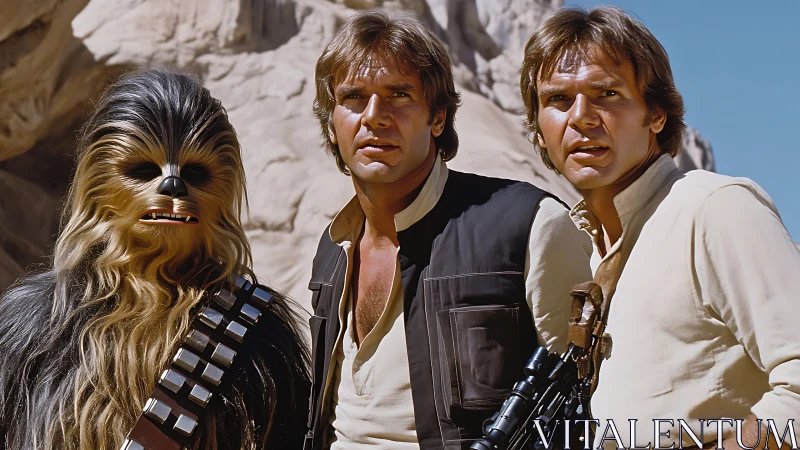 Sci-fi trio stand alert in rocky desert setting.