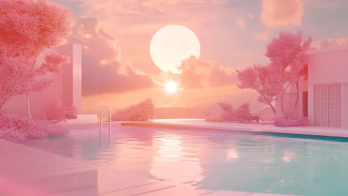 Chromatic pool terrace under oversized volumetric sunset sphere.