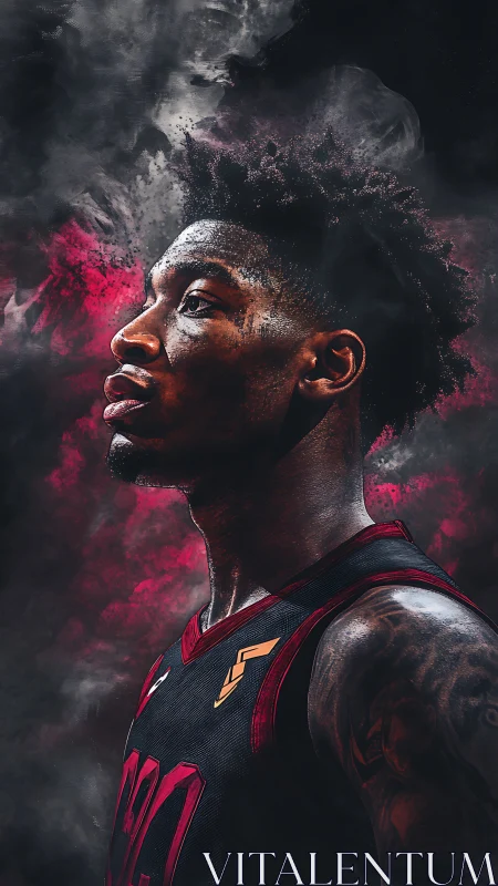 Intense basketball portrait in smoky crimson atmosphere.