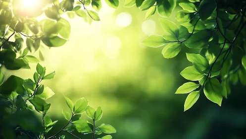 Sunlit Green Leaves in Nature, Soft Focus Botanical Style.