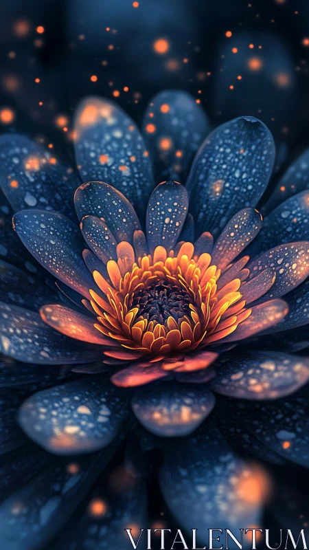 Digital macro render depicts luminous flower with droplets