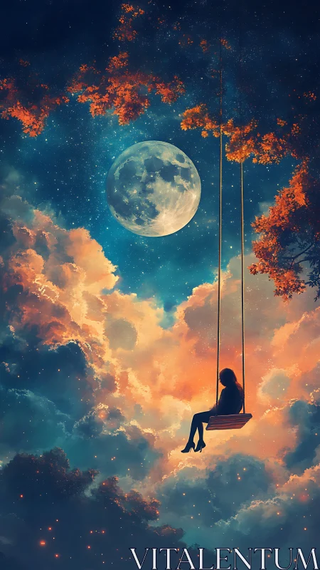 Silhouetted dreamer on celestial swing under luminous full moon