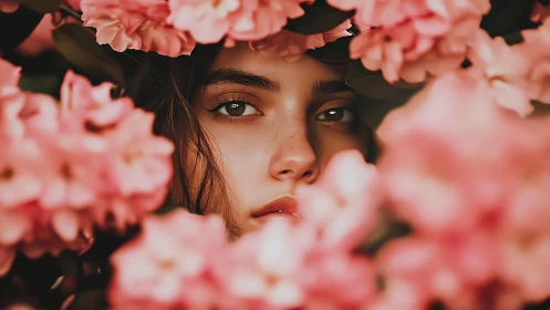 Portrait of Woman Surrounded by Pink Flowers in Dreamy Style.