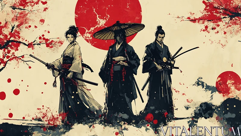 Samurai trio before red sun in ink splatter style.