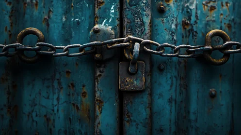 Rusted lock and chain guard a weathered teal metal secret.