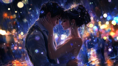 Intimate Rain Scene: Digital Rendering of Two Figures Under Neon Downpour