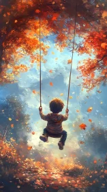 Childhood joy soaring on an autumn forest swing.
