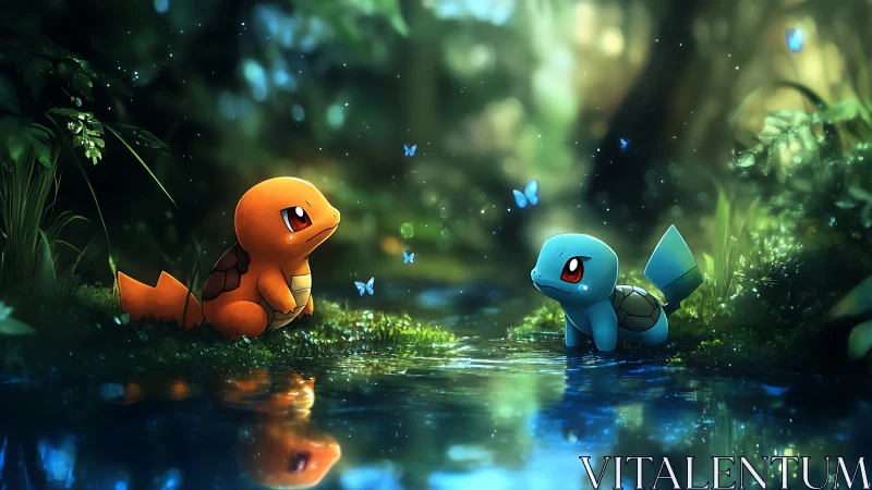 Bioluminescent forest stream with dual elemental creatures.