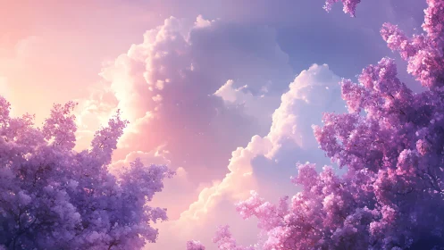 Dreamlit cherry blossoms cradle a glowing pastel sky.