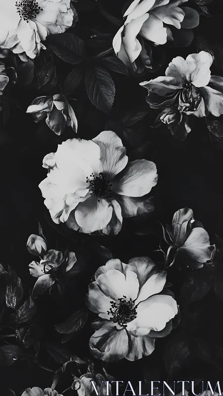 Delicate blooms suspended in dramatic monochromatic botanical composition.