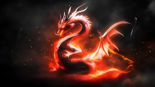 Blazing fire dragon coils in glowing embers and swirling sparks