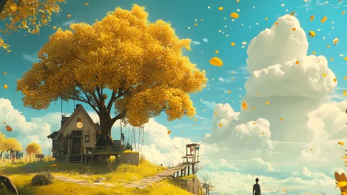 Golden treehouse cottage glows against soaring dreamlike clouds
