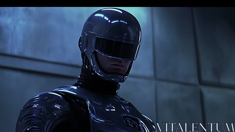 Armored cyborg officer under cold industrial light.