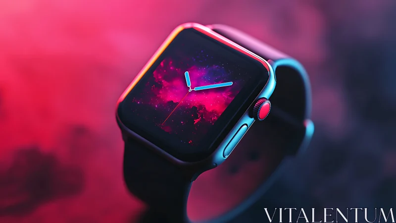 Smartwatch render shows neon-lit chassis and cosmic dial interface