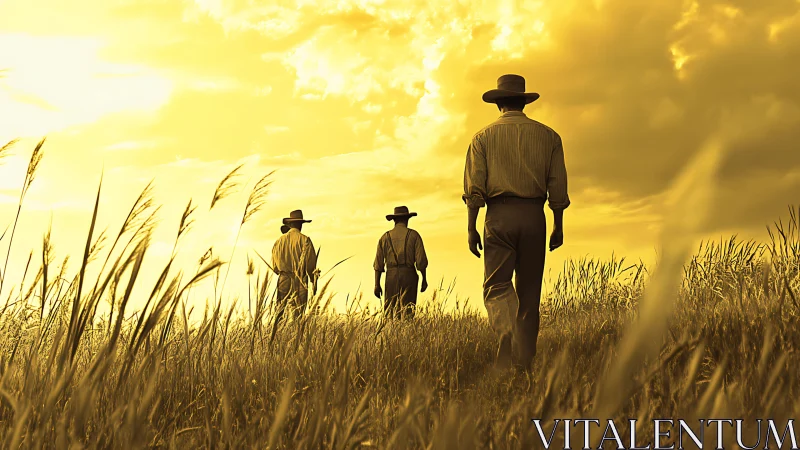 Silhouetted farmers walking through golden backlit prairie field.