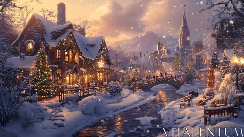 Snowy Christmas village with lit cottages and river bridge.