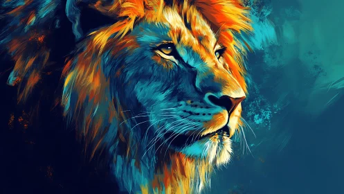 Lion portrait in neon teal and fiery orange digital strokes.