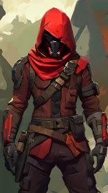 Hooded sci fi operative in red tactical armor with stylized cel shading