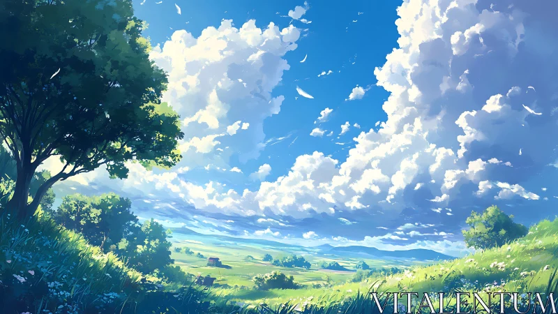 Expansive rural landscape under cumulus cloud formations.