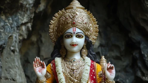 Polychrome Hindu goddess statue with ornate golden crown