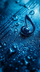 Liquid music note symbol on glossy blue wet surface.