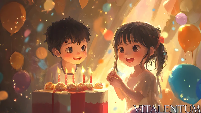 Children at birthday celebration with illuminated cake and balloons.