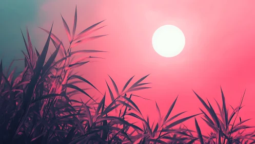 Backlit reed silhouettes cut into neon bicolor synthetic sunset