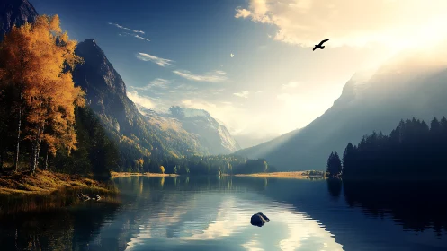 Autumn alpine lake reflects sunlit peaks in cinematic clarity