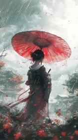 Samurai woman under red umbrella in rainy landscape.