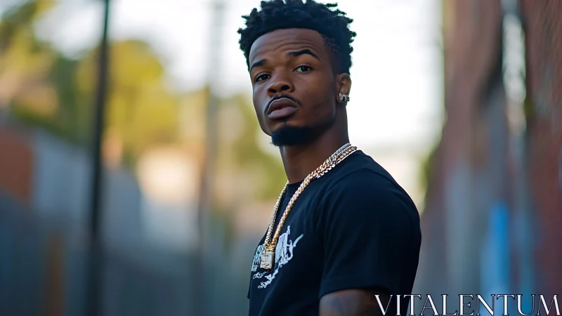 Confident young man in city alley with warm golden light.