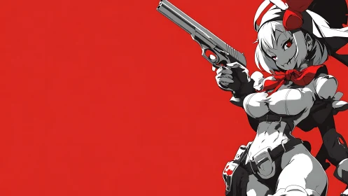 Anime gunwoman aims pistol against solid red backdrop