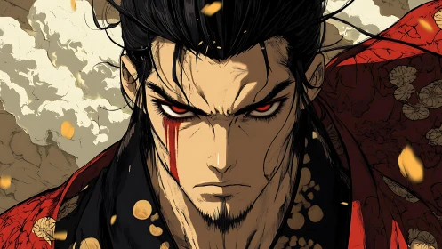 Samurai warrior portrait with red eyes and facial markings.