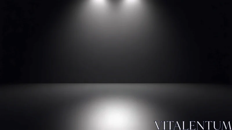 Minimalist dark stage with dual overhead spotlights rendering.