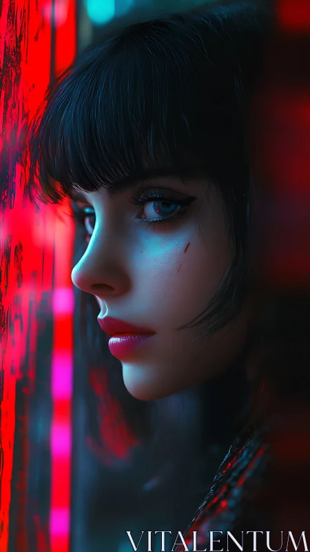 Woman with bob haircut lit by red and blue neon side lighting