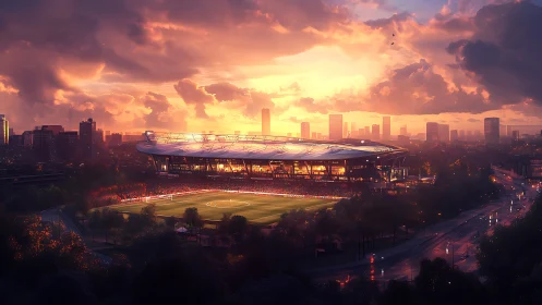 Sunset city football stadium with illuminated match field.