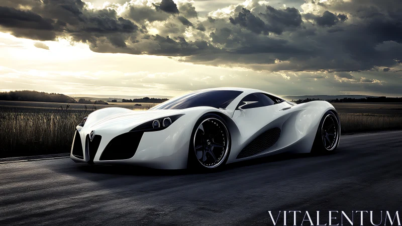 White futuristic supercar on rural road at sunset sky.