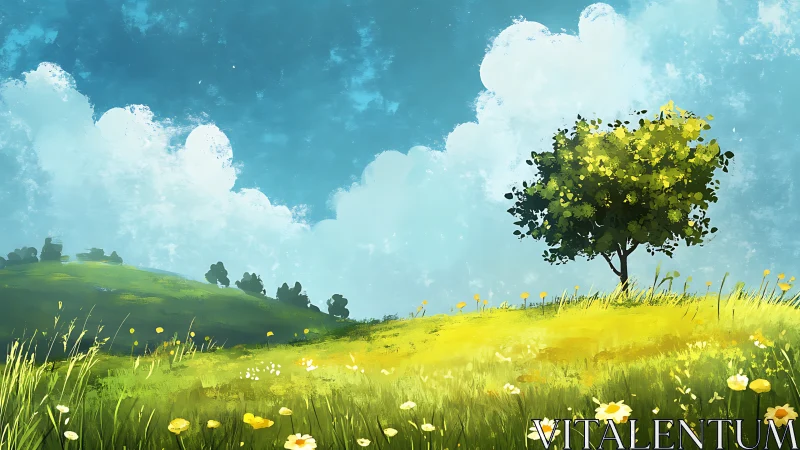 Solitary tree on grassy hillside under blue sky panorama.