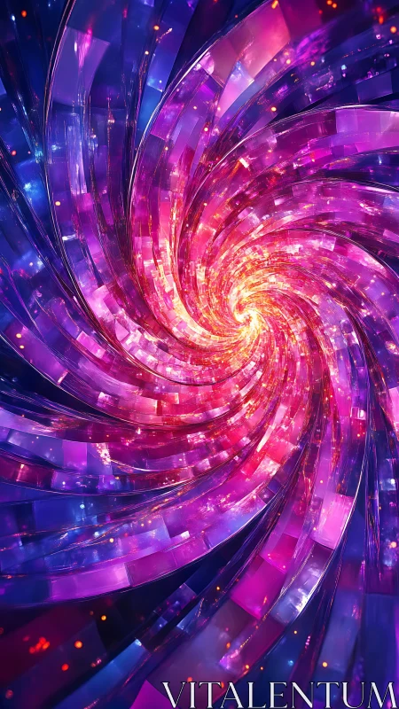 3D chromatic vortex with luminous polygonal ribbon spiral.