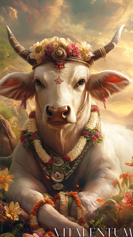 Sacred white cow adorned with garlands at golden sunset.