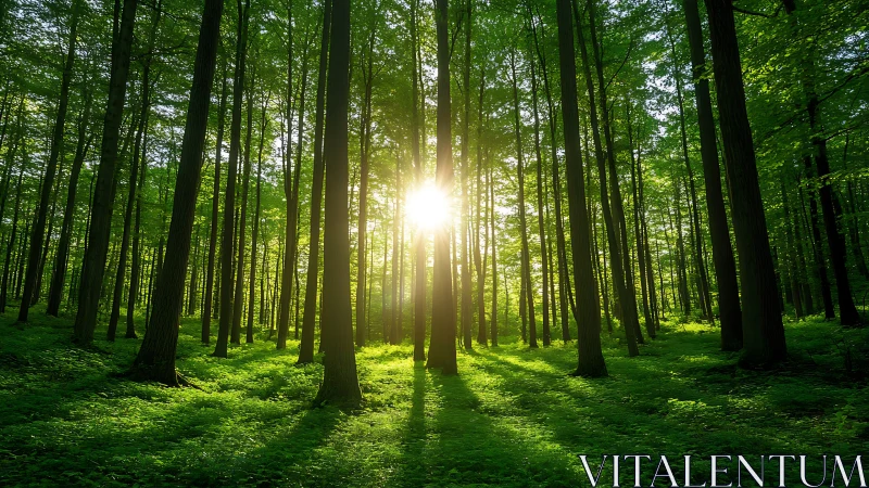 Sunlight Shining Through Lush Green Forest in Morning Light.