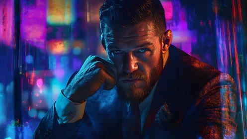 Brooding neon mastermind under electric midnight skylines.