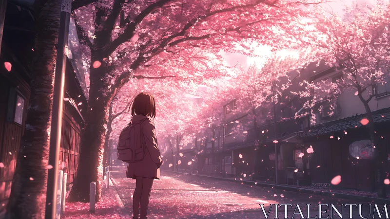 Quiet walk beneath glowing cherry blossom streetscape.