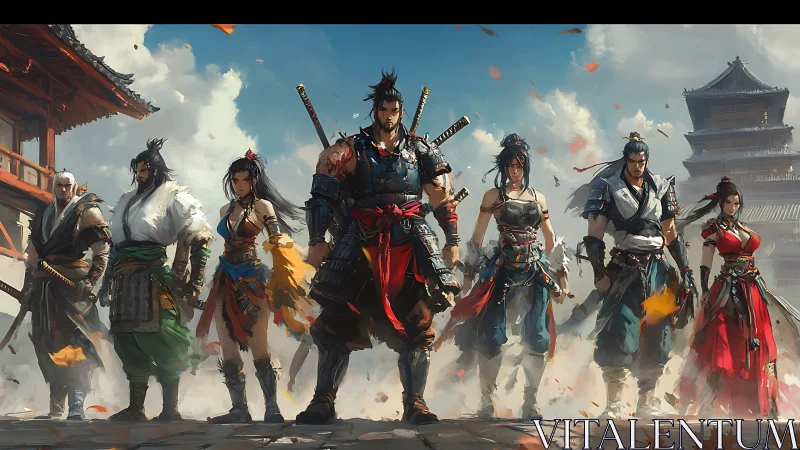 Seven armed warriors in stylized samurai fantasy setting.