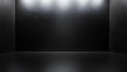 Minimalist black gallery room with overhead strip lighting.